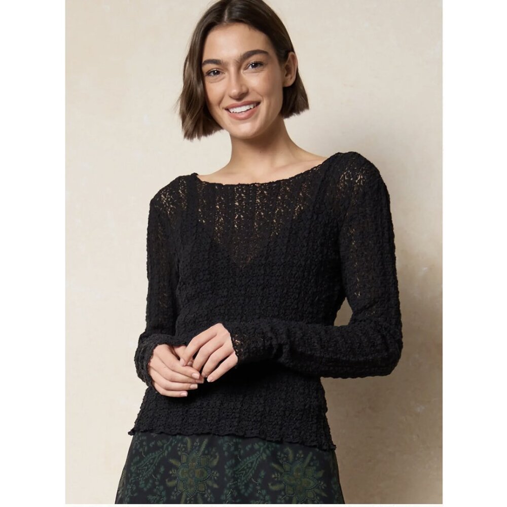 Natural Life Lace Layering Top L Black Long Sleeve Semi Sheer Stretchy Boho - Picture 2 of 13